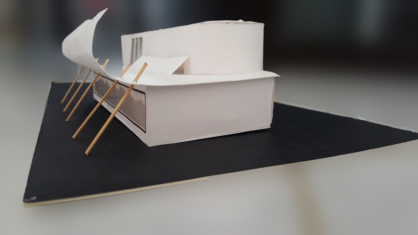 Rear view of a folded white building model