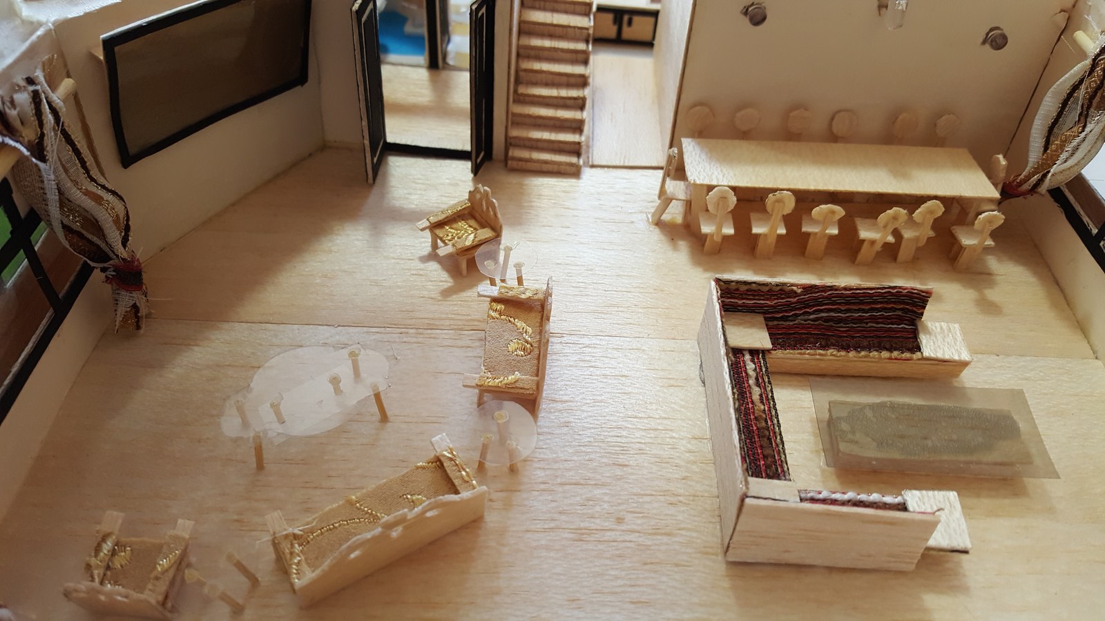 Warm-toned interior model viewed from above