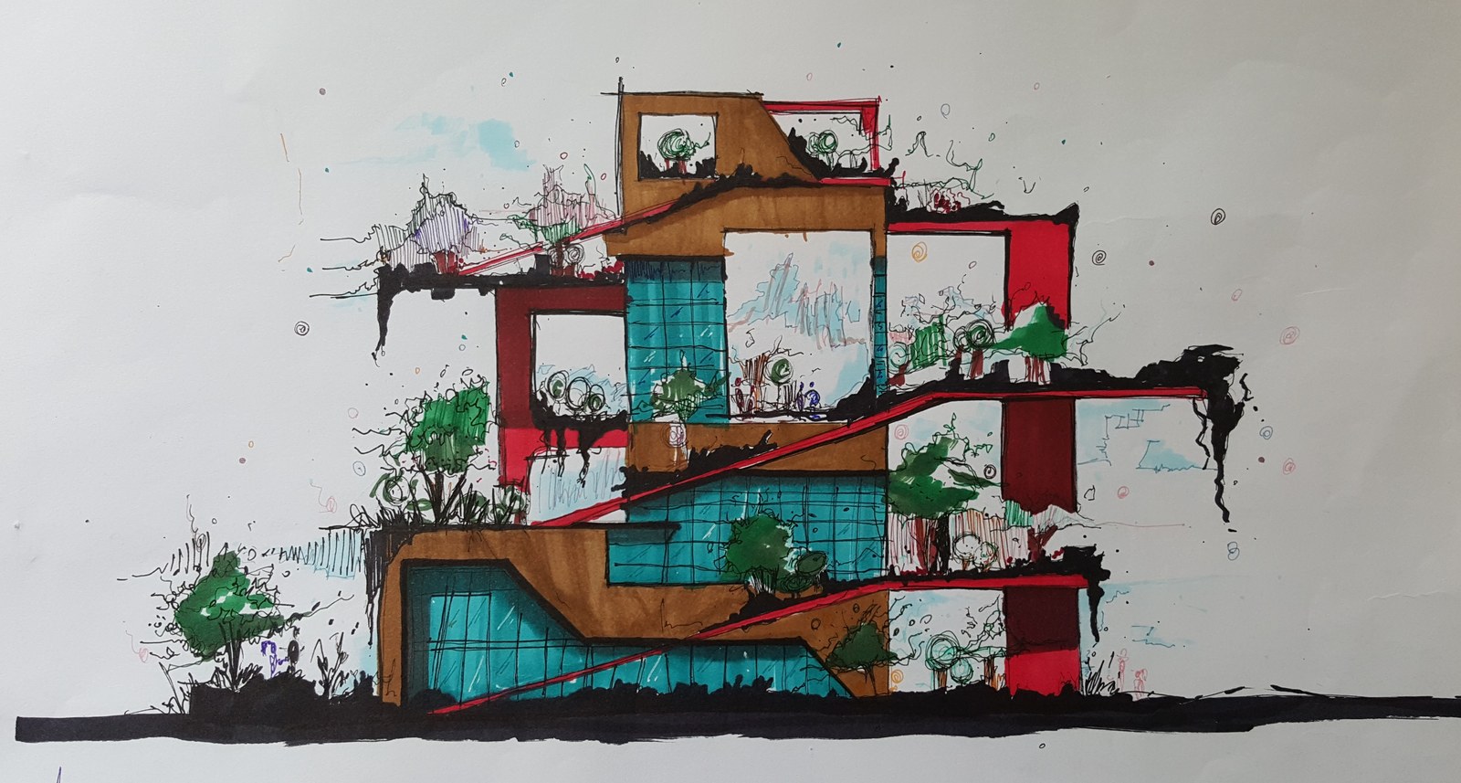 Architectural painting of stacked colourful building volumes