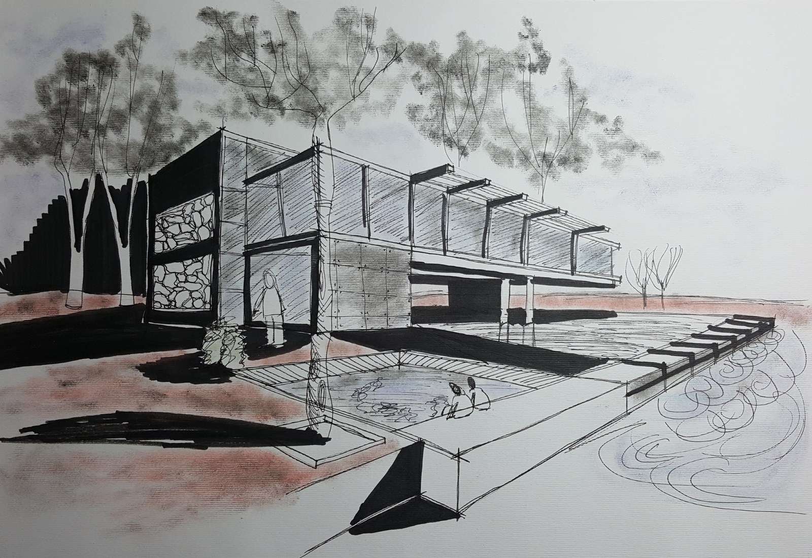 Monochrome architectural perspective with trees and a reflecting pool