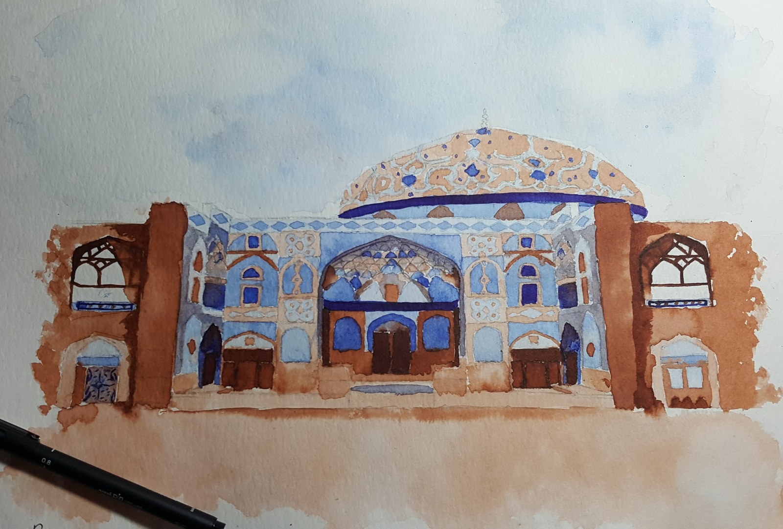 Watercolour of an ornate blue-tiled building facade