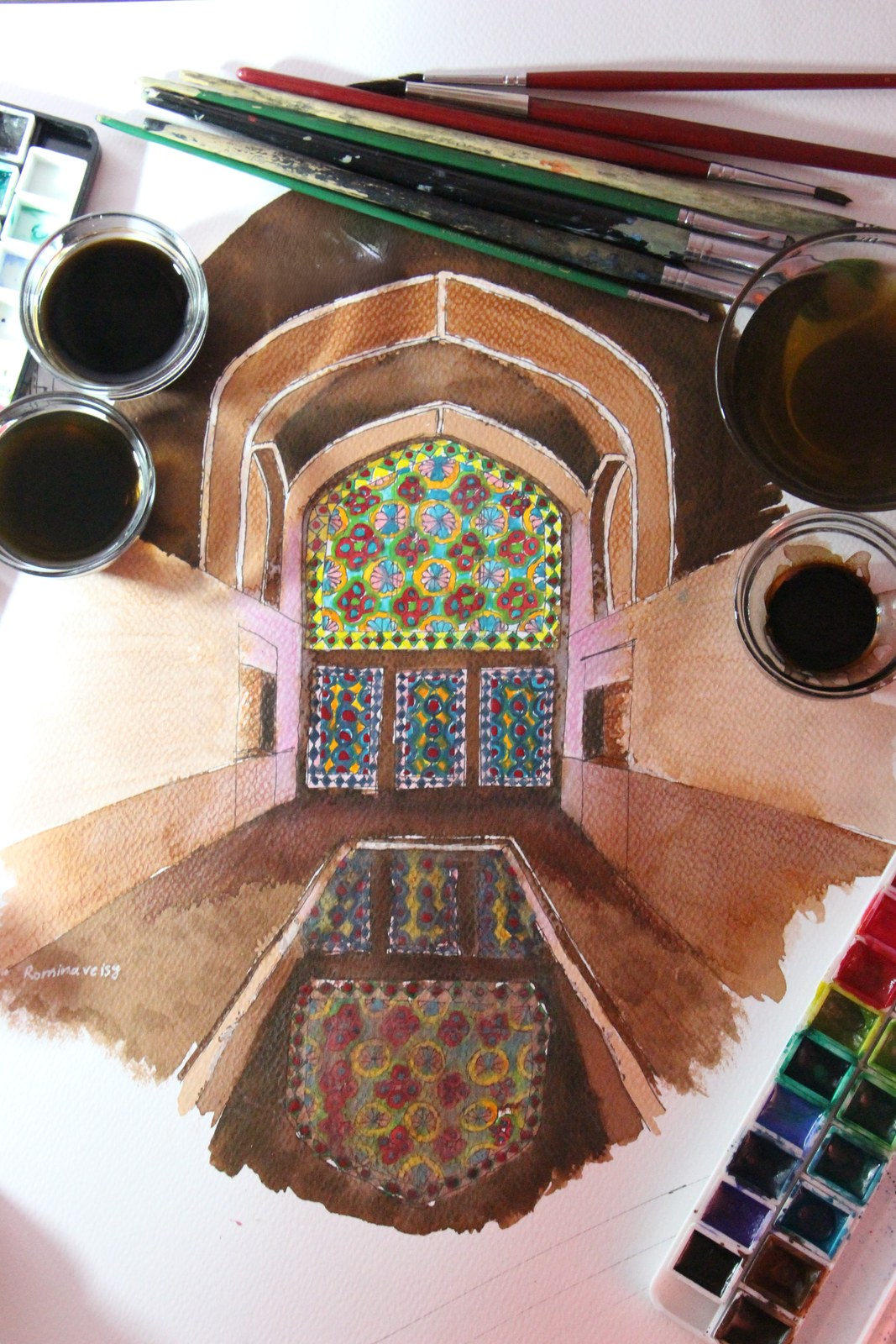 Painting of a stained-glass window and its reflection in water