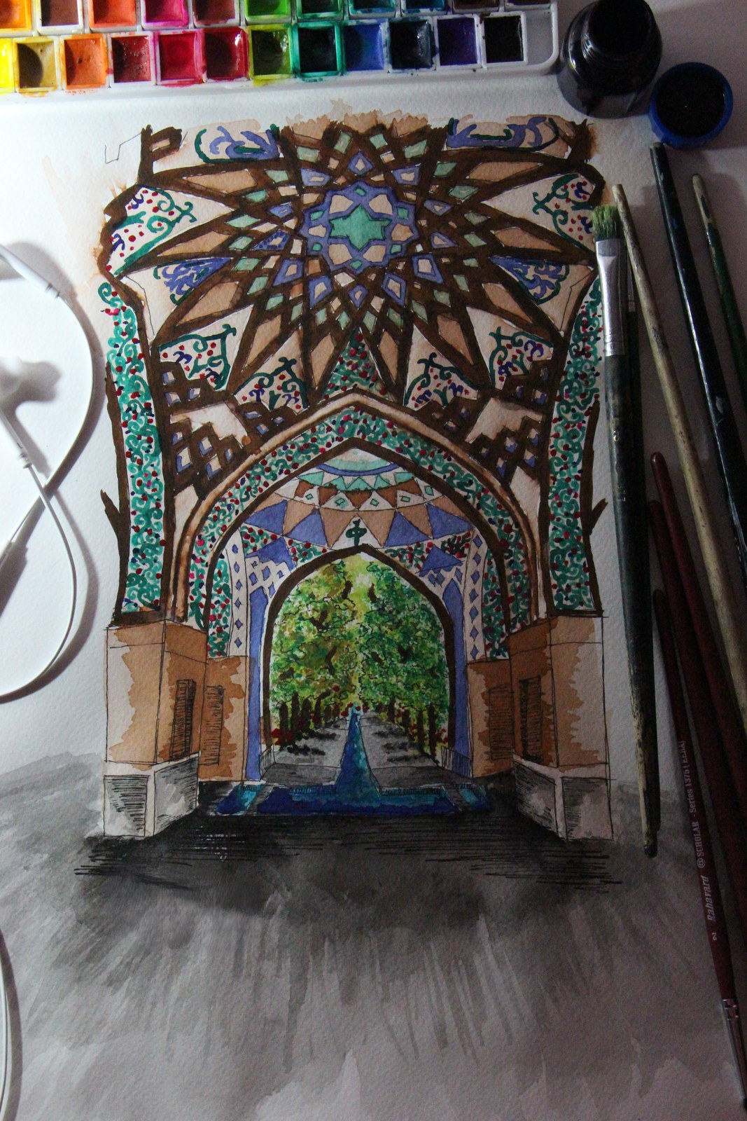 Painting of a vaulted interior with colourful geometric decoration