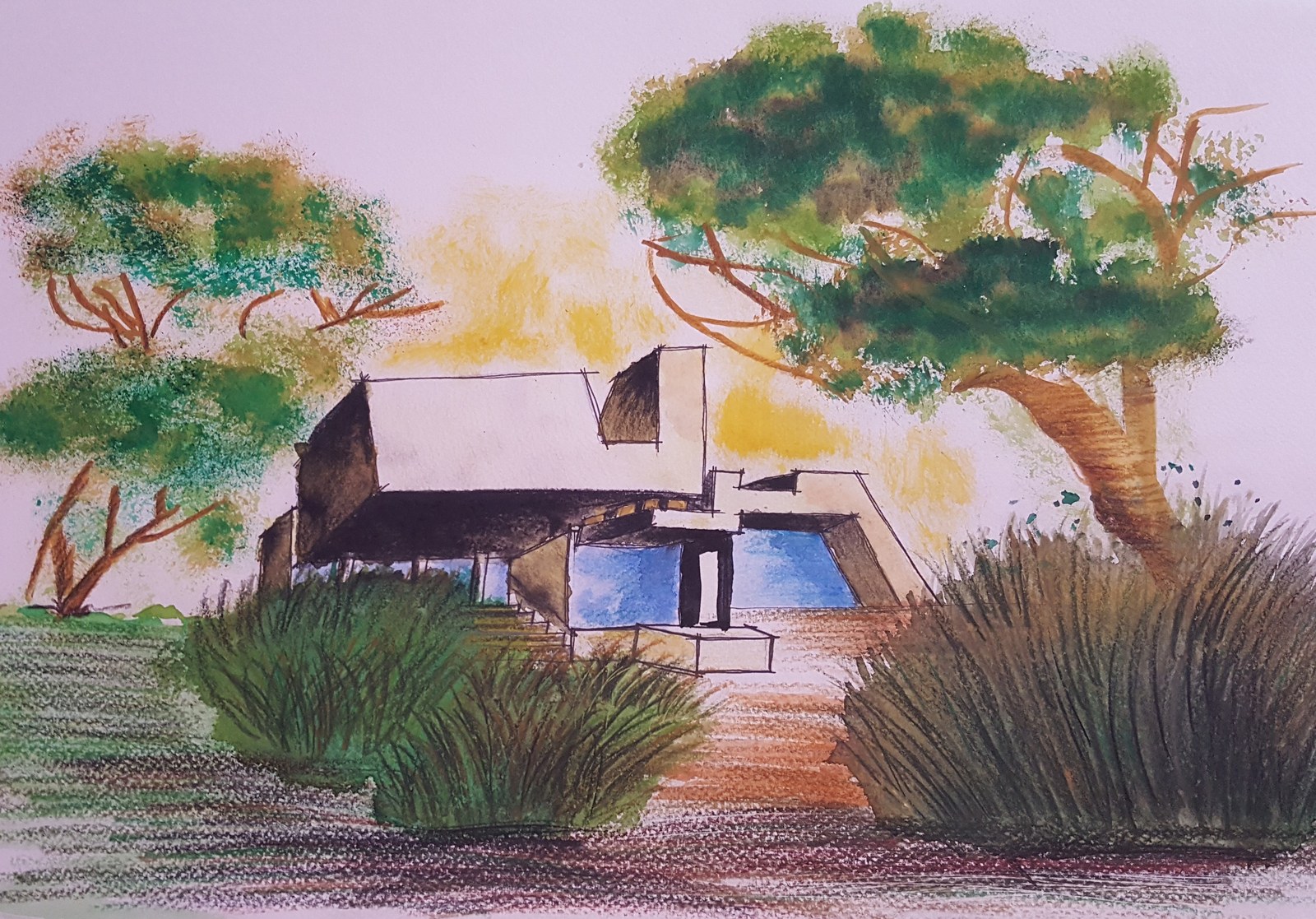 Landscape painting of a house surrounded by trees