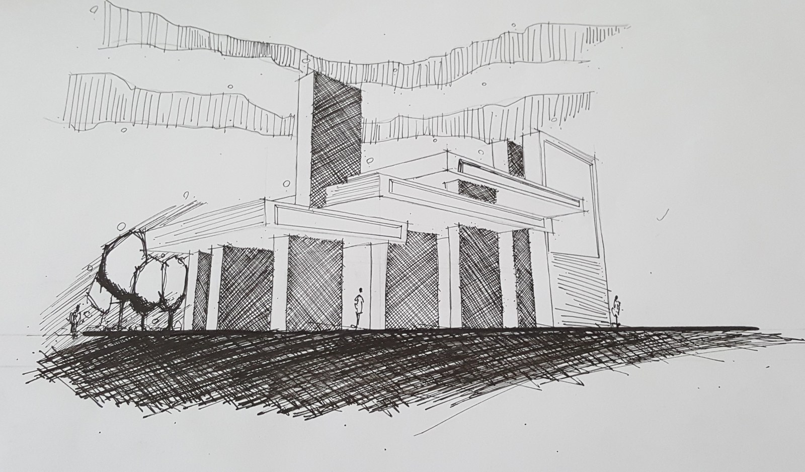 Pencil perspective exploring a geometric building and canopy