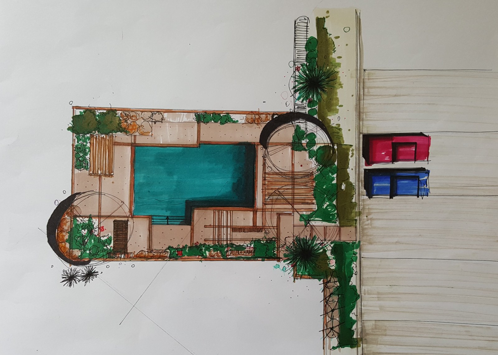 Top-down architectural painting of a courtyard with a blue pool