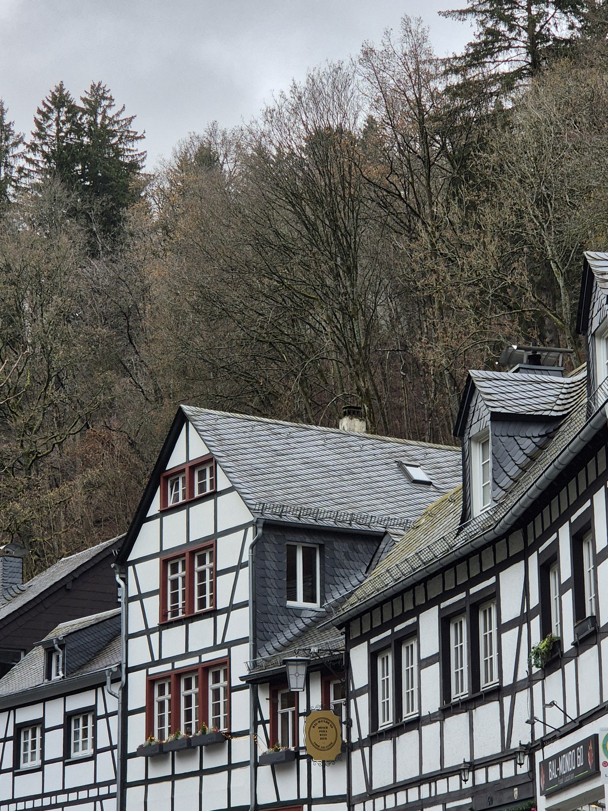 Half-timbered houses beside a wooded hillside