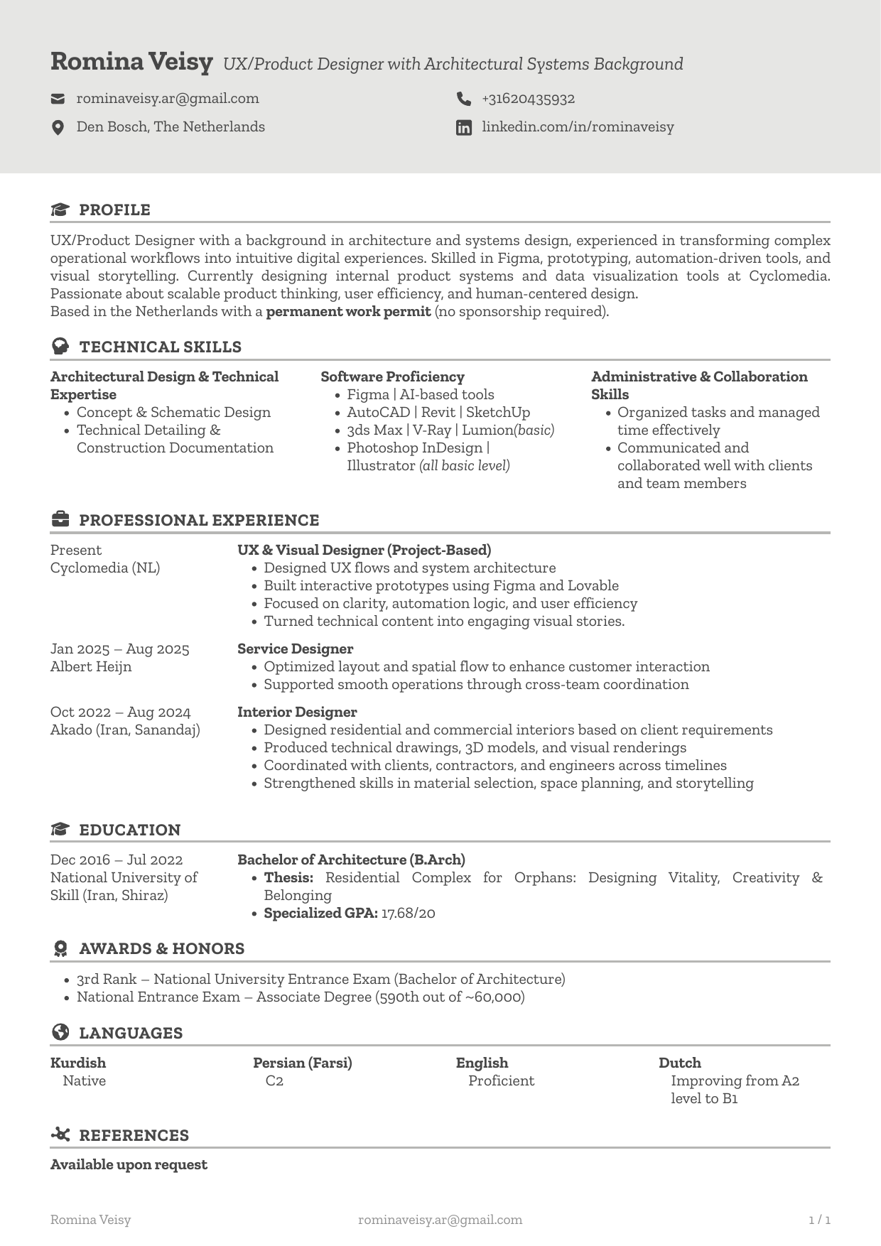 Romina Veisy — CV, September 2026. Download the accessible PDF using the button above.