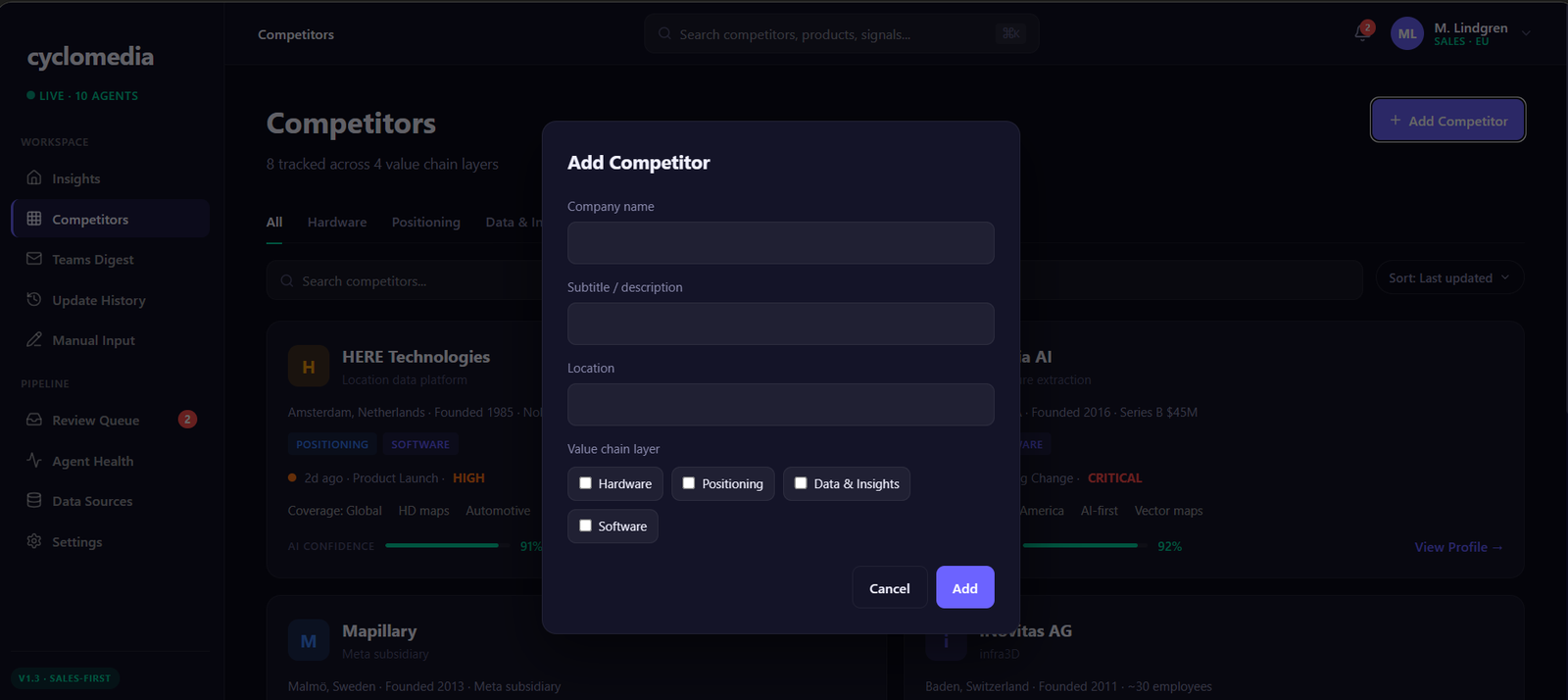 add competitor — add competitor dialog with multi select value chain layer checkboxes